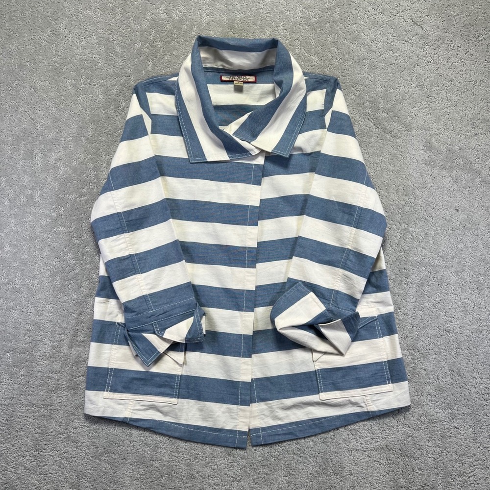 Beyond Threads Jacket Womens Large Blue White Striped Cotton‎ Snap Front Shirt